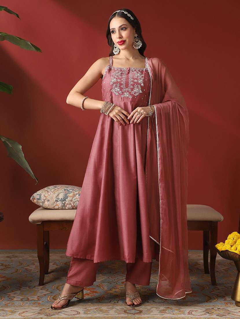 globus women rust sequinned emboridered yoke round neck strappy sleeves anarkali kurta with pant & dupatta festive set - 22052922 -  Zoom Image - 0