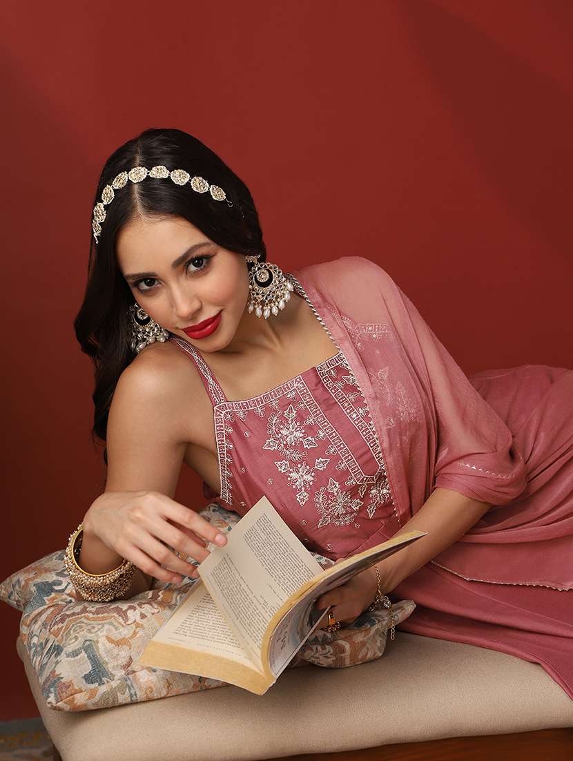 globus women rust sequinned emboridered yoke round neck strappy sleeves anarkali kurta with pant & dupatta festive set - 22052922 -  Standard Image - 3