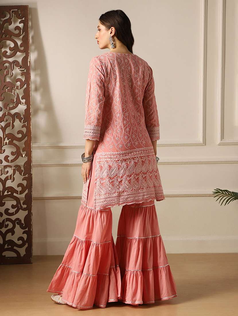 globus women pink round neck sequinned detail scalloped hem straight chikankari kurta & sharara festive set - 22052923 -  Standard Image - 3