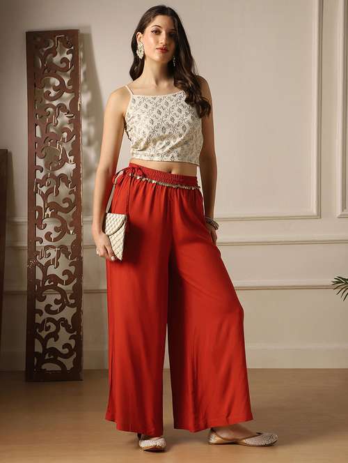 Globus Women Rust Lace Insert Drawstring Waist Wide Leg Flared Palazzo