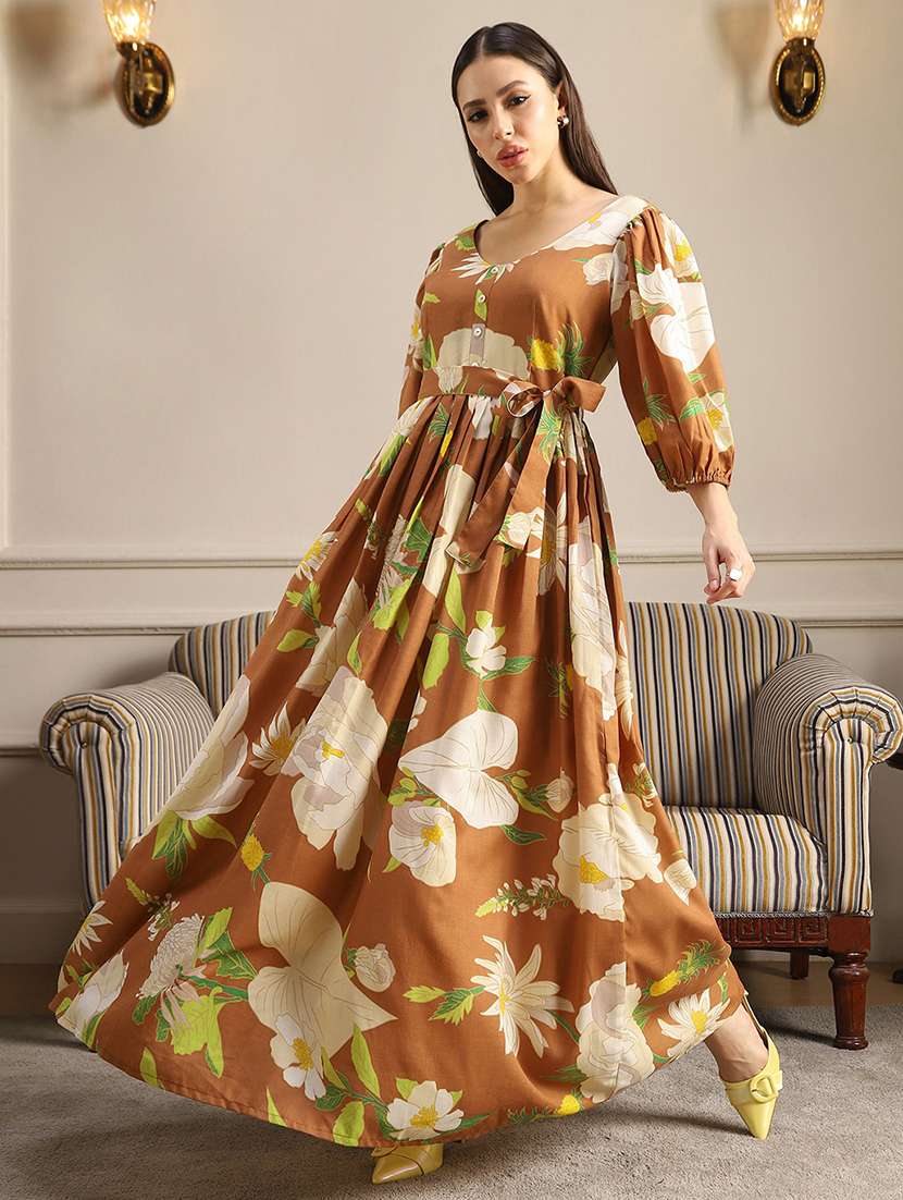 globus women rust floral print v-neck puff sleeves belted fit & flare maxi dress