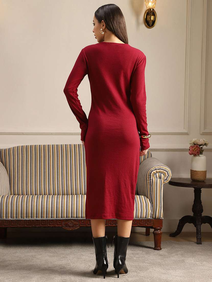globus women maroon keyhole neck long sleeves side slit ribbed midi bodycon dress - 22052935 - Standard Image - 3