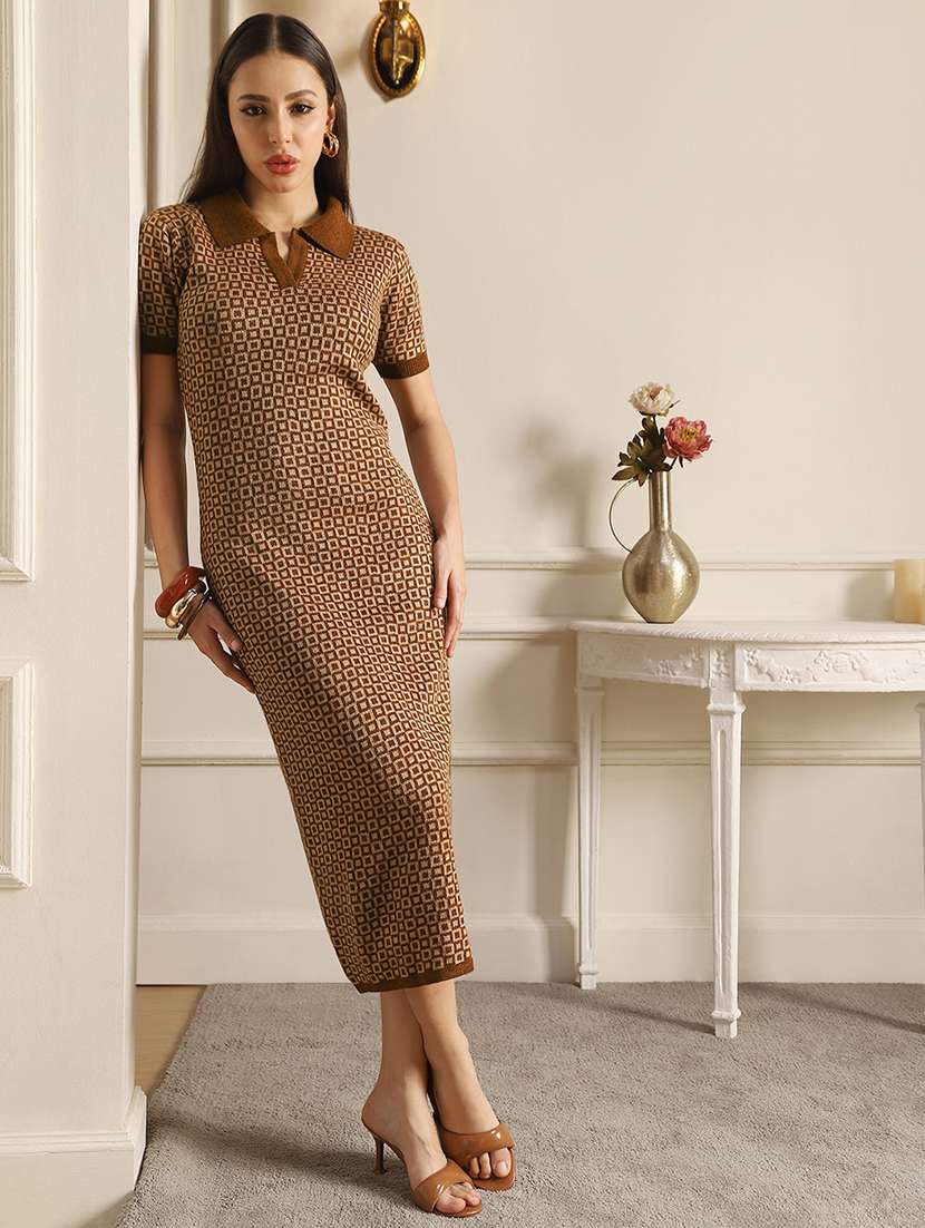 globus women brown collared neck acrylic geometric pattern side slit midi bodycon dress - 22052940 -  Zoom Image - 0