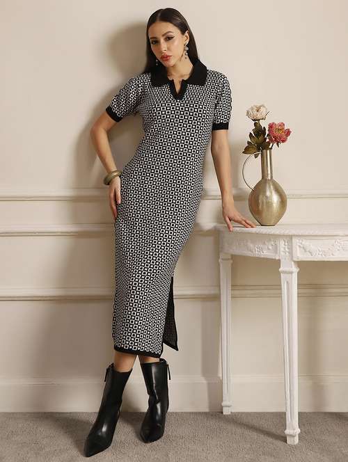 globus women black collared neck acrylic geometric pattern side slit midi bodycon dress - 22052941 - Standard Image - 0
