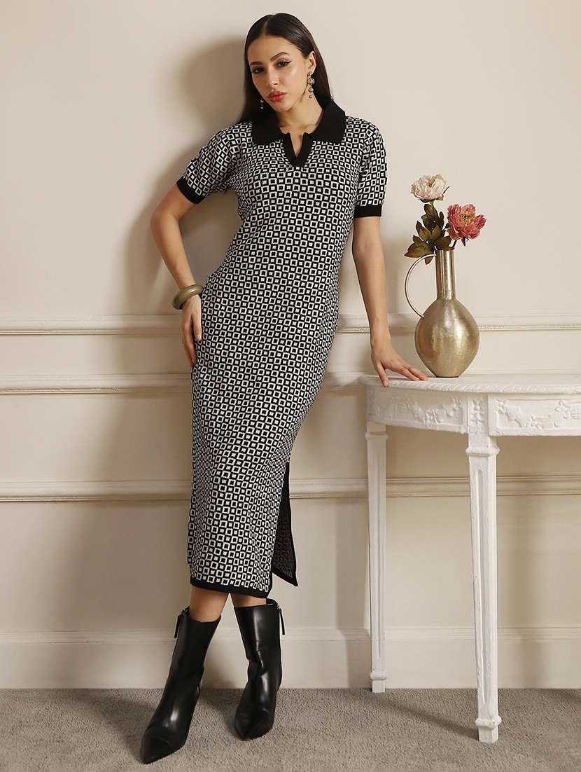 globus women black collared neck acrylic geometric pattern side slit midi bodycon dress - 22052941 - Zoom Image - 0