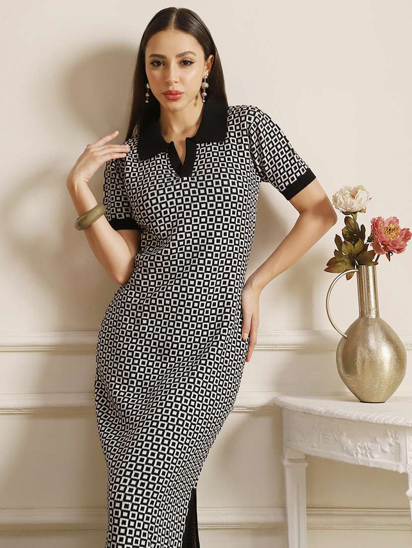 globus women black collared neck acrylic geometric pattern side slit midi bodycon dress - 22052941 - Standard Image - 3