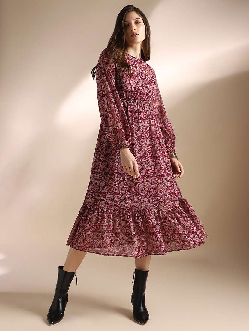 globus women red paisley printed bishop sleeves gathered & pleat tiered fit & flare midi dress - 22052942 - Zoom Image - 0