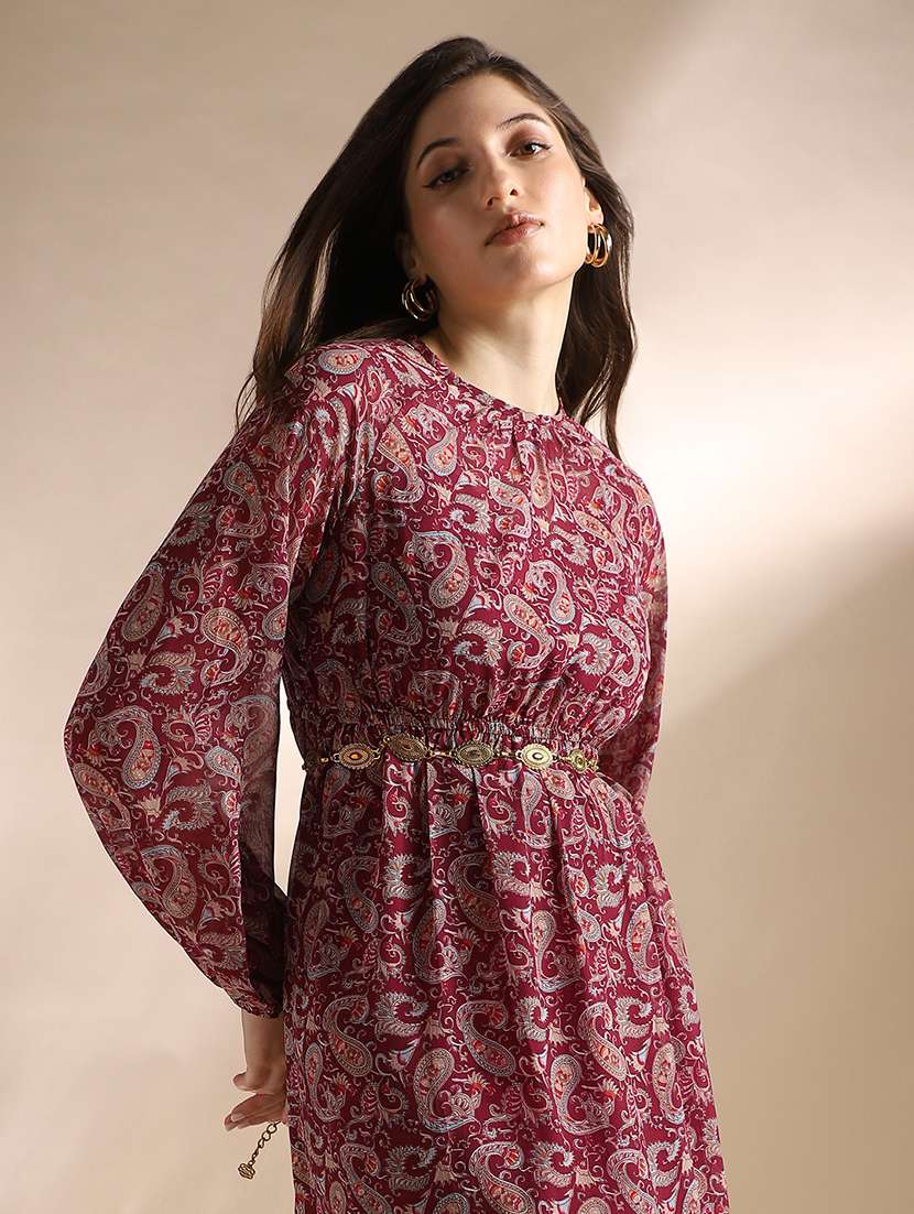 globus women red paisley printed bishop sleeves gathered & pleat tiered fit & flare midi dress - 22052942 - Standard Image - 3