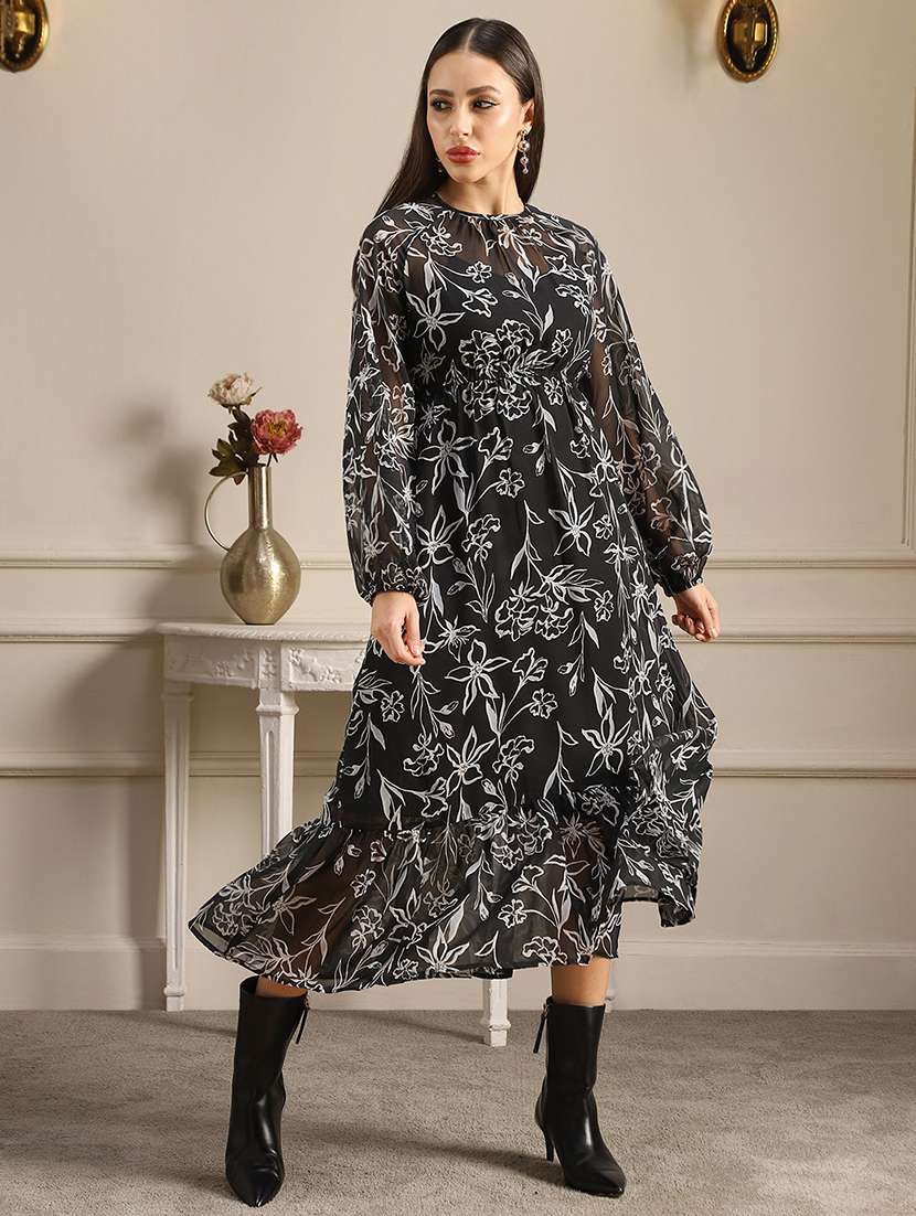 globus women black allover floral printed bishop sleeves gathered & pleat tiered fit & flare midi dress