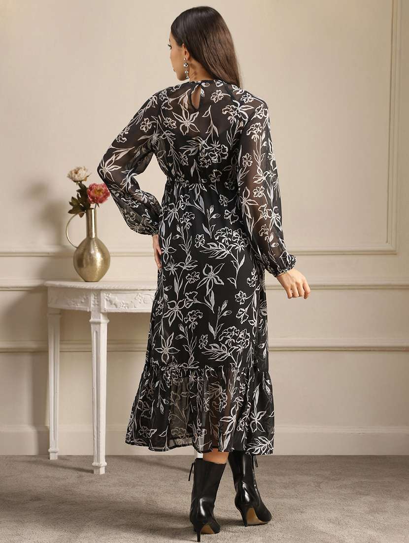 globus women black allover floral printed bishop sleeves gathered & pleat tiered fit & flare midi dress - 22052943 - Standard Image - 3