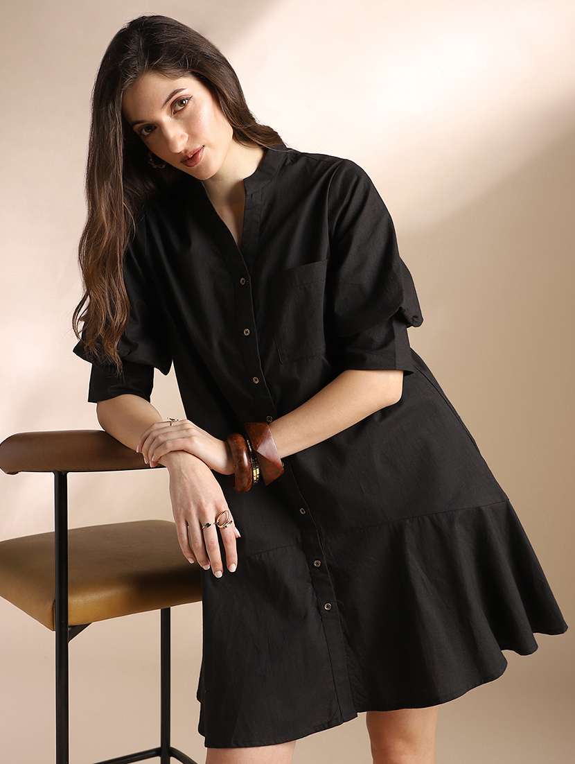 globus women black mandarin collar puff sleeves flared hem shirt style mini dress