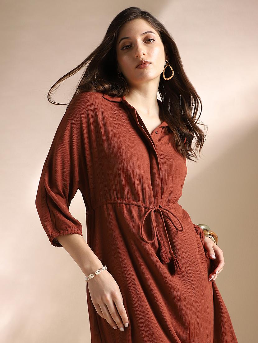 women brown solid collared shirt dress - 22052954 - Standard Image - 3