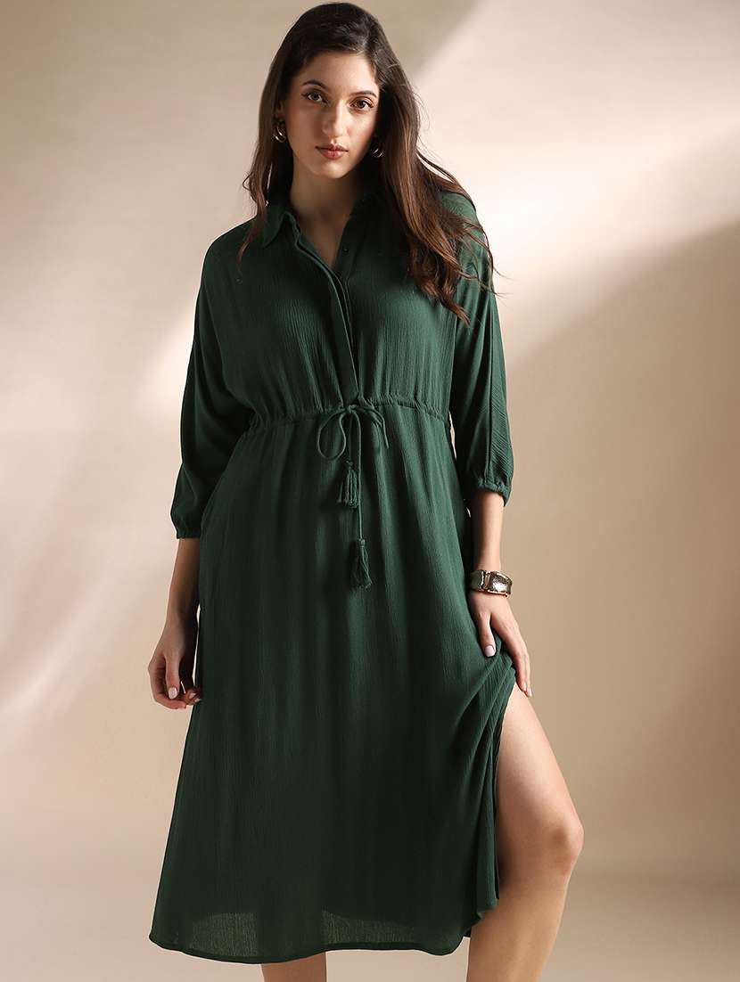globus women green self design collared neck waist tie-ups shirt style fit & flare midi workwear dress - 22052955 -  Standard Image - 3