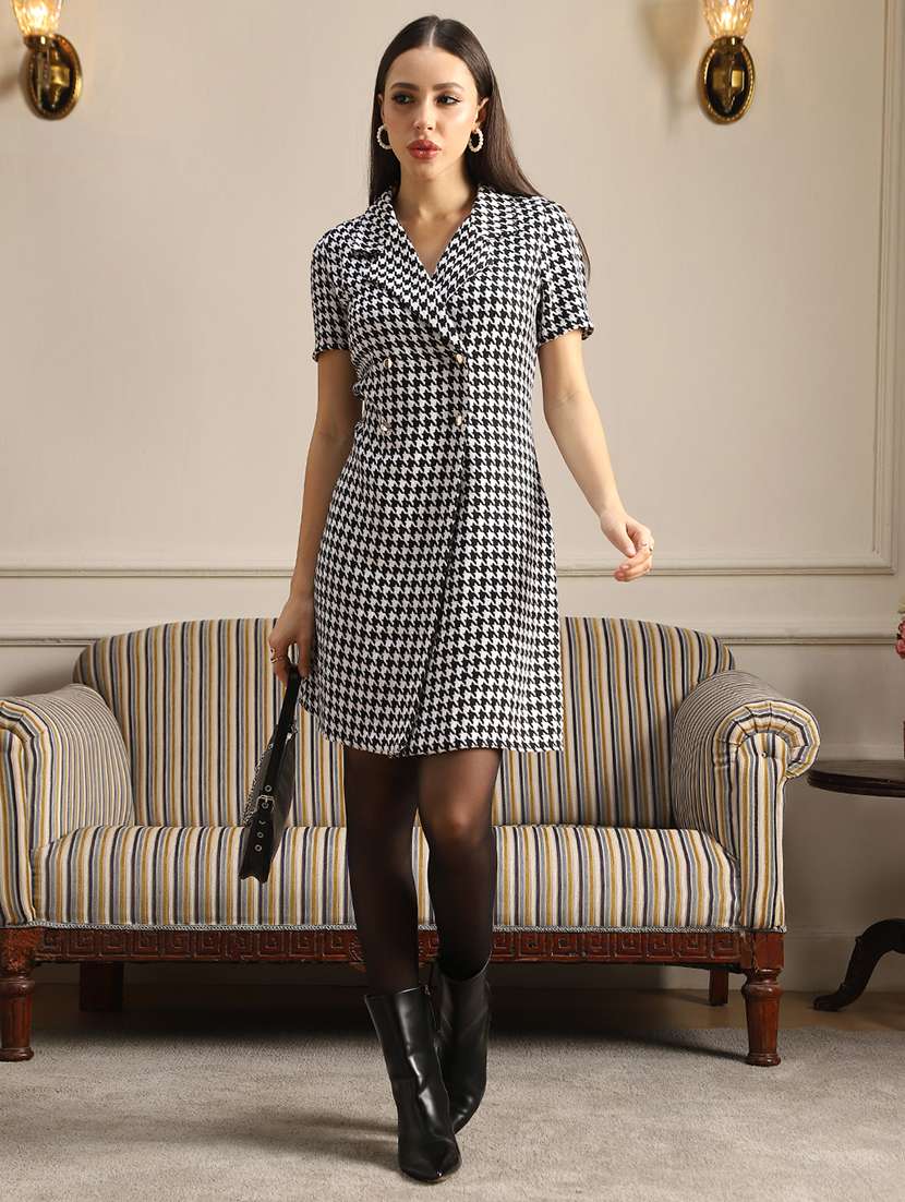 globus women black & white houndstooth pattern notched lapel double breasted mini workwear blazer dress