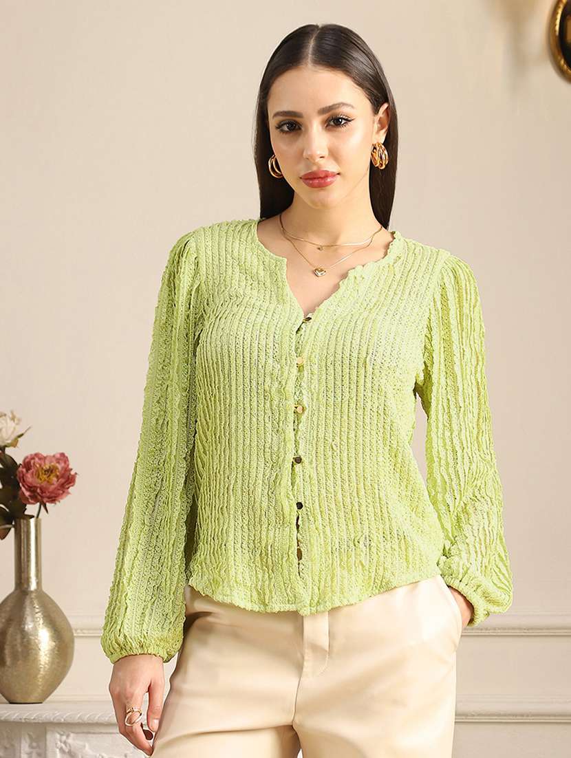 globus women green v-neck bishop sleeves self design lace shirt style top - 22052964 - Zoom Image - 0