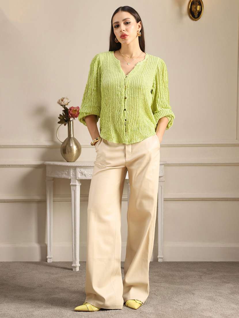 globus women green v-neck bishop sleeves self design lace shirt style top - 22052964 - Standard Image - 3