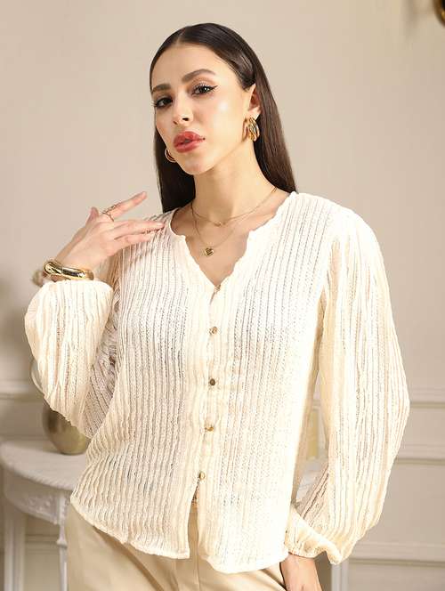 globus women white v-neck bishop sleeves self design lace shirt style top - 22052965 - Standard Image - 0