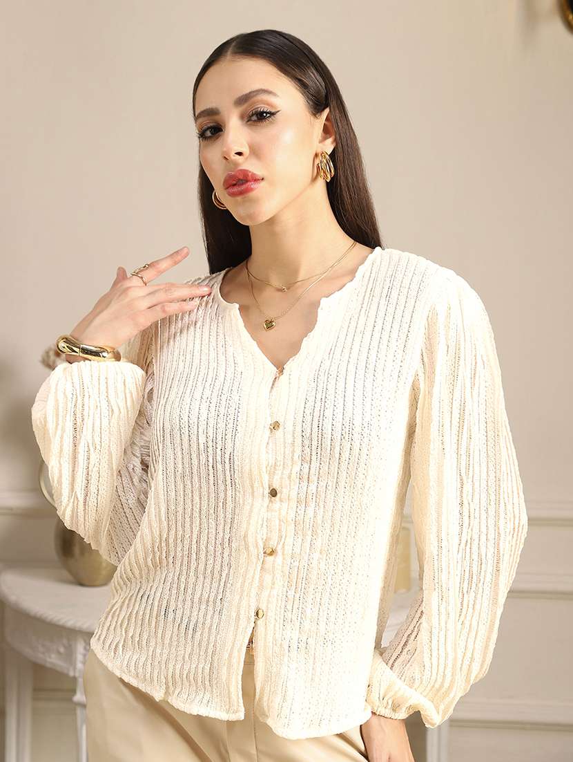 globus women white v-neck bishop sleeves self design lace shirt style top - 22052965 - Zoom Image - 0
