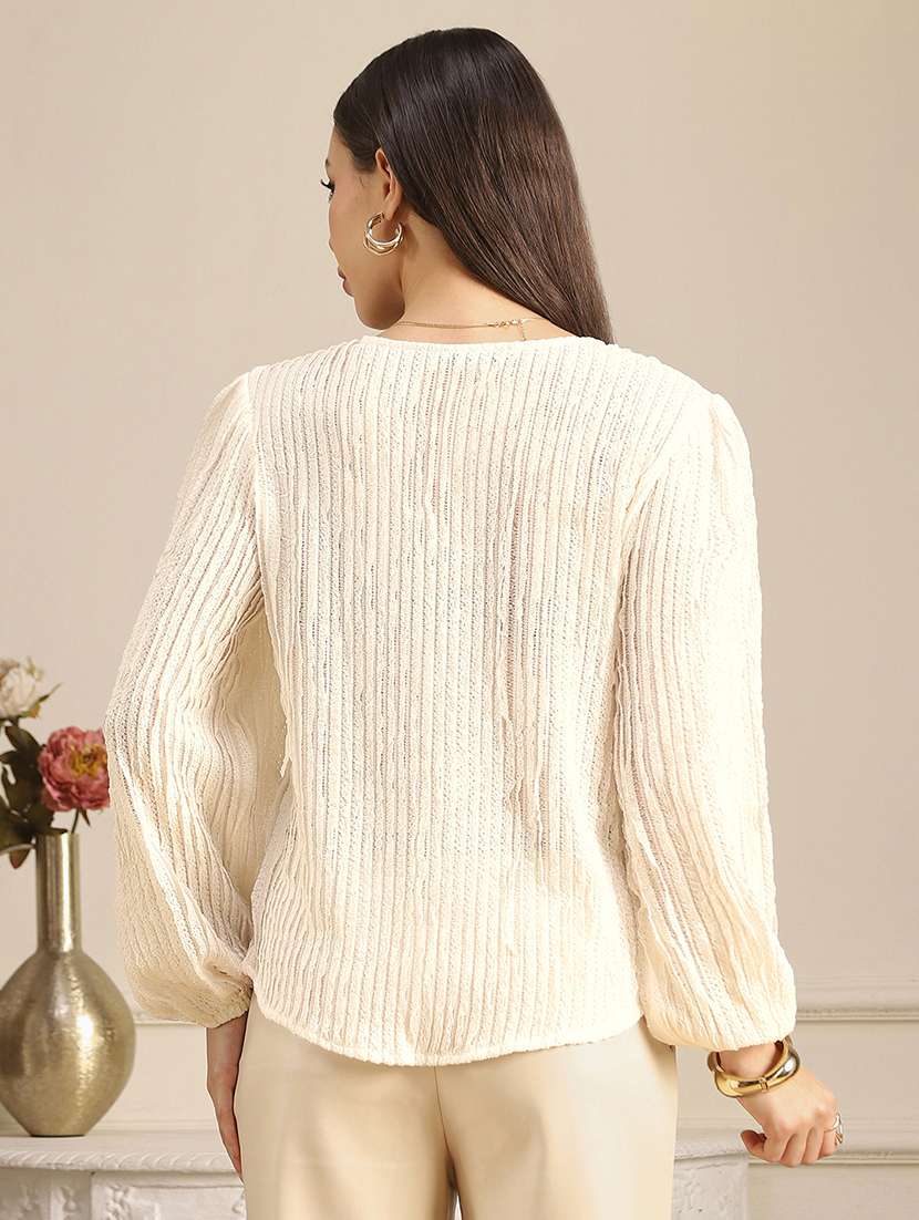 globus women white v-neck bishop sleeves self design lace shirt style top - 22052965 - Standard Image - 3
