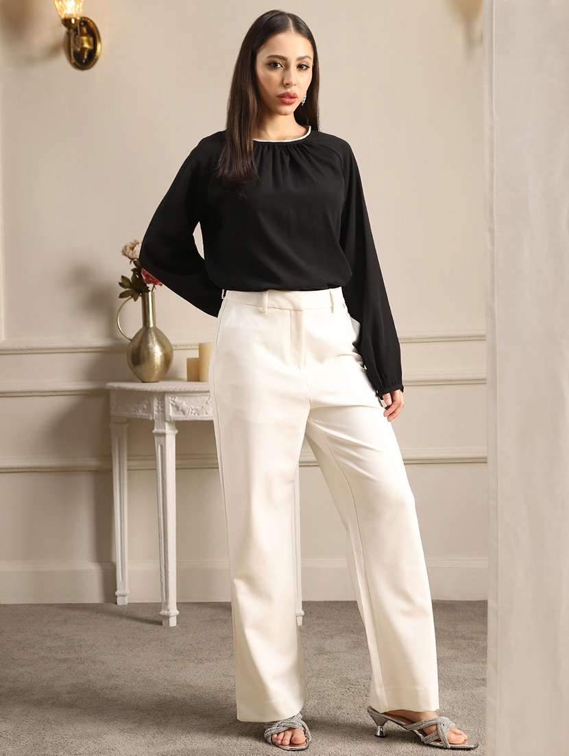 globus women black jewel neck raglan sleeves pleated detail georgette party top - 22052966 - Standard Image - 3