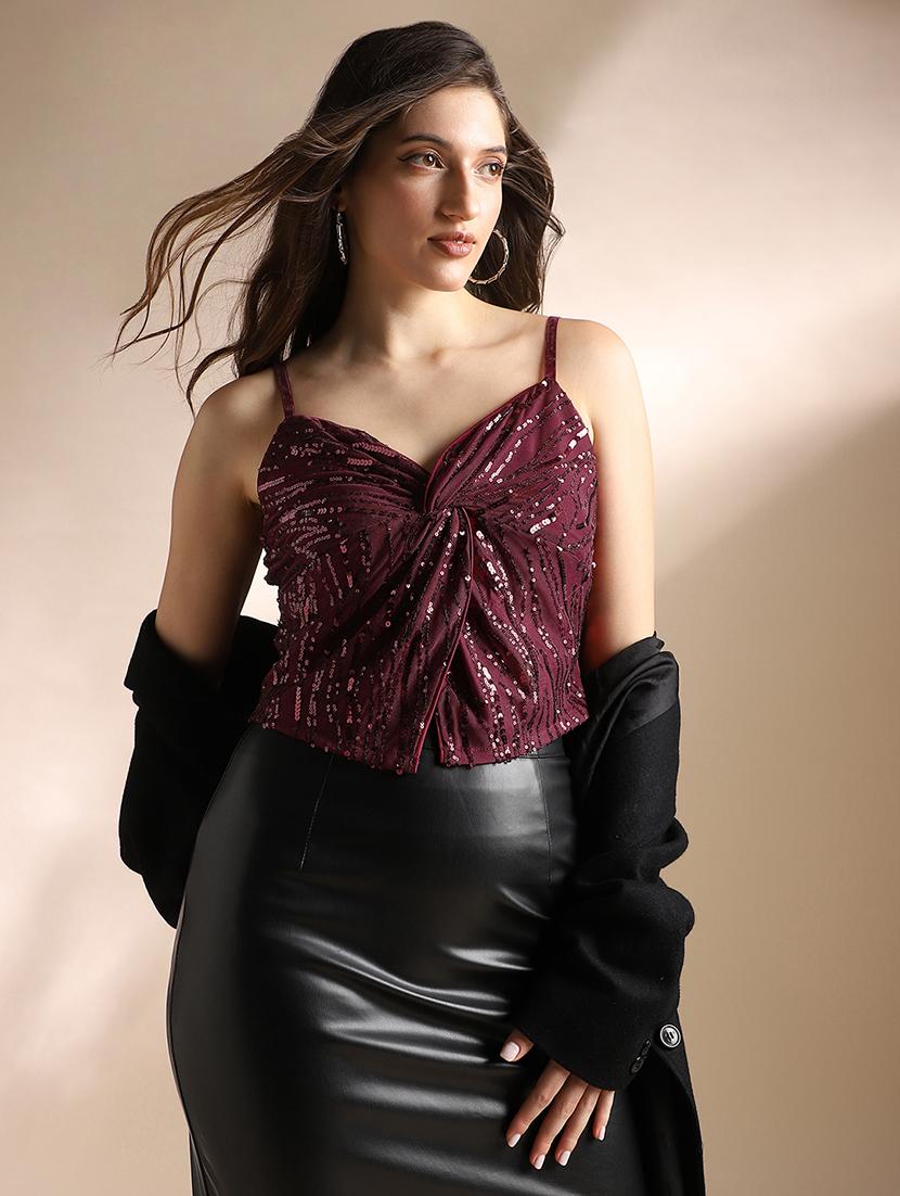 women sequined shoulder strap crop top