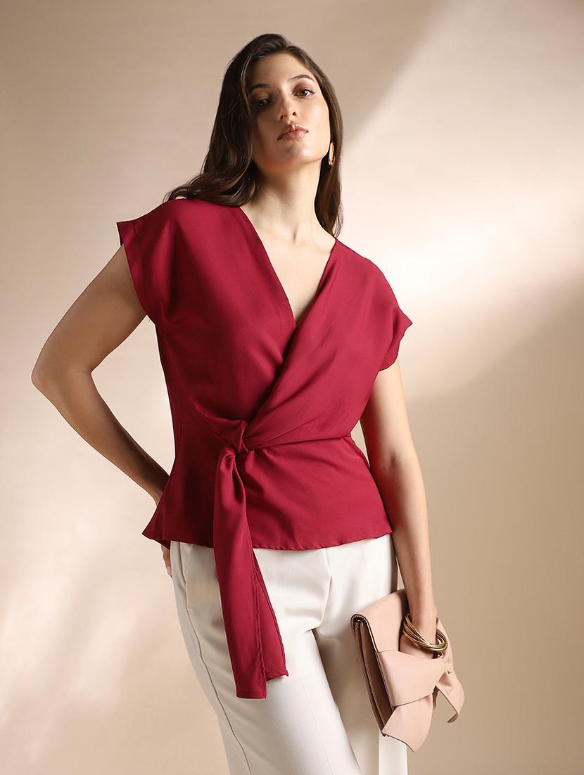 women solid short sleeve mock wrap top - 22052969 - Zoom Image - 0