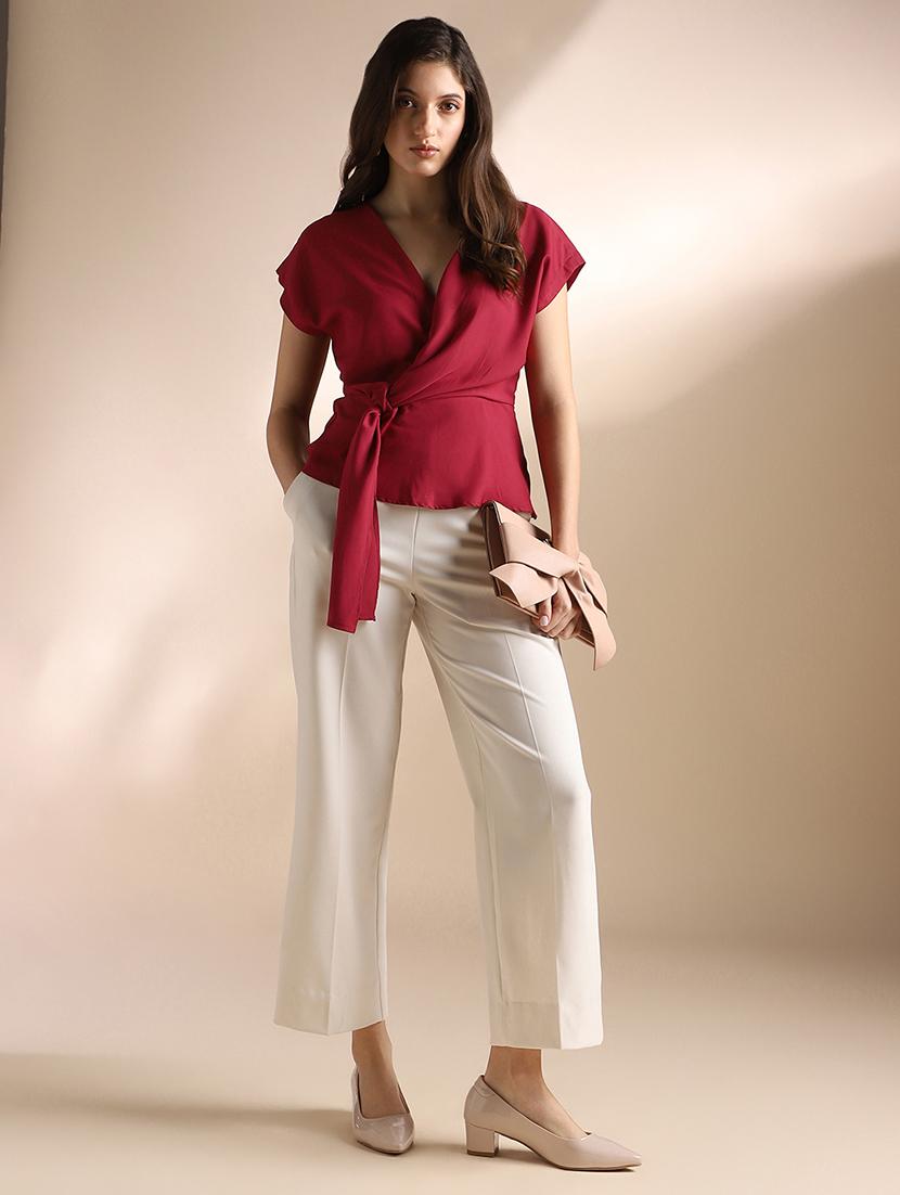 women solid short sleeve mock wrap top - 22052969 - Standard Image - 3