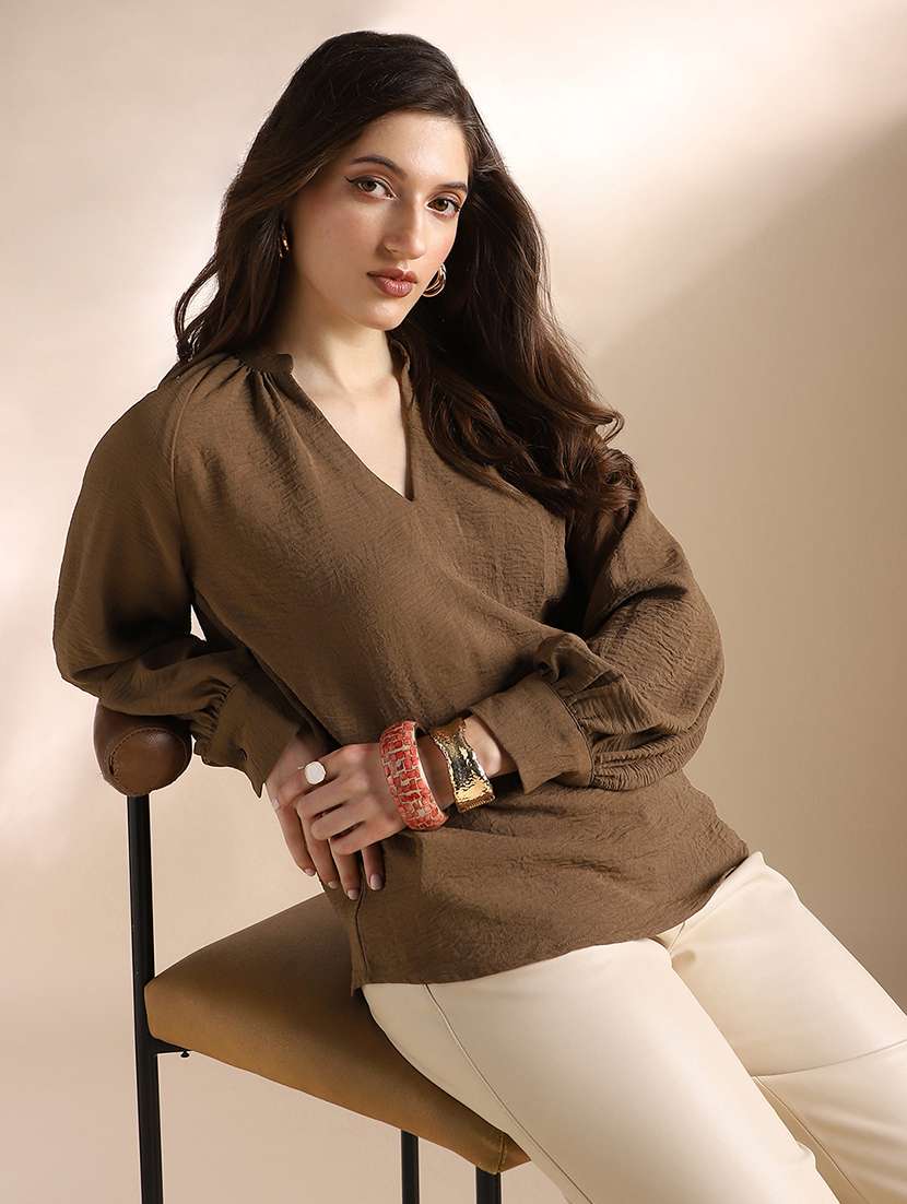 globus women brown mandarin neck raglan cuffed sleeves self design gathered detail workwear top - 22052971 - Zoom Image - 0