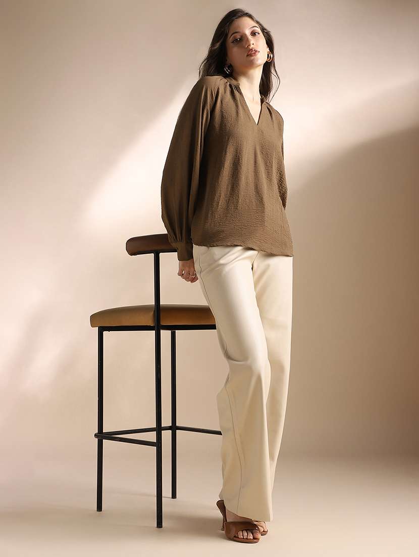 globus women brown mandarin neck raglan cuffed sleeves self design gathered detail workwear top - 22052971 - Standard Image - 3