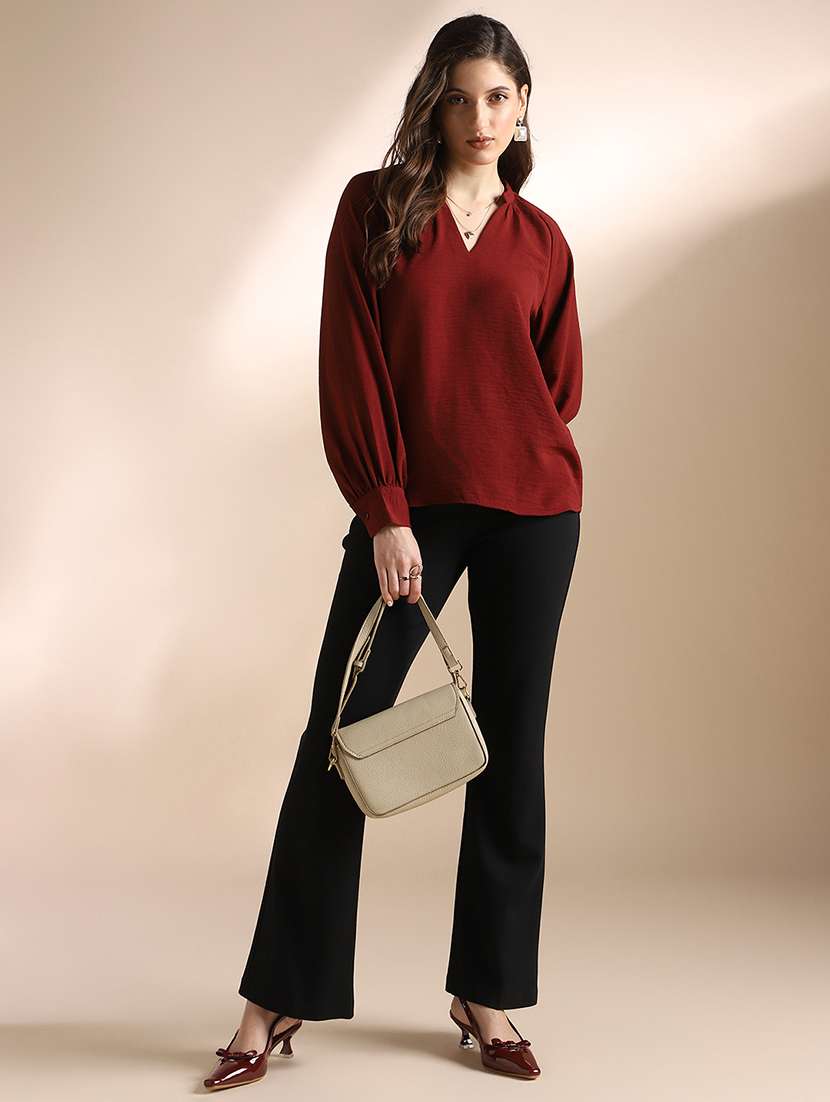 globus women maroon mandarin neck raglan cuffed sleeves self design gathered detail workwear top - 22052972 - Standard Image - 3