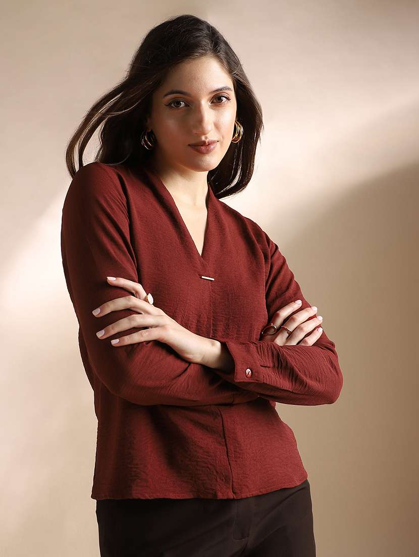 globus women burgundy v-neck cuffed sleeves self design workwear top