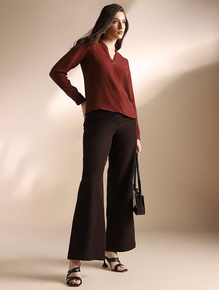 globus women burgundy v-neck cuffed sleeves self design workwear top - 22052973 -  Standard Image - 3