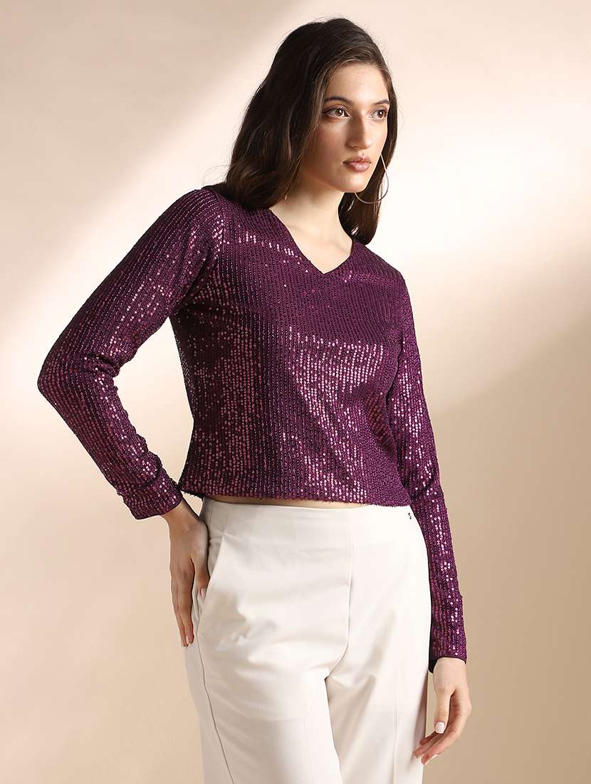 globus women burgundy v-neck long sleeves sequin embellished party top