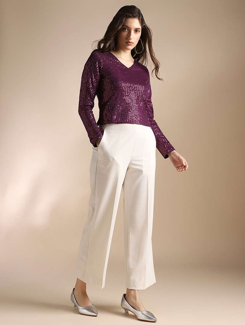 Globus Women Burgundy V-neck Long Sleeves Sequin Embellished Party Top - 22052975 -  Standard Image - 3