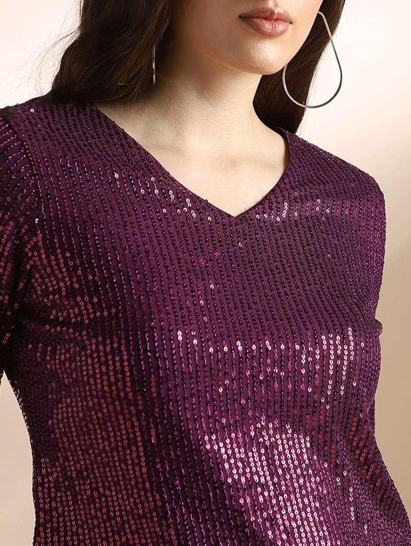 Globus Women Burgundy V-neck Long Sleeves Sequin Embellished Party Top - 22052975 -  Standard Image - 5