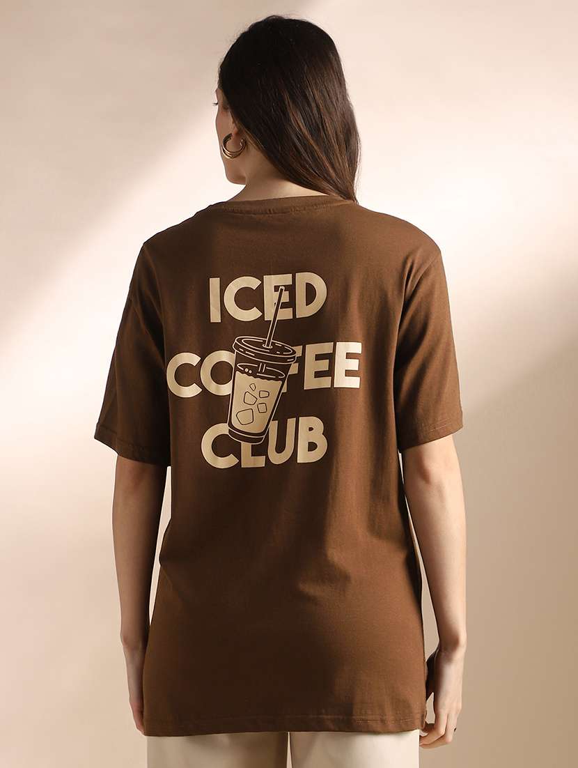 globus women brown round neck drop shoulder sleeves graphic back print oversized t-shirt - 22052978 -  Standard Image - 3