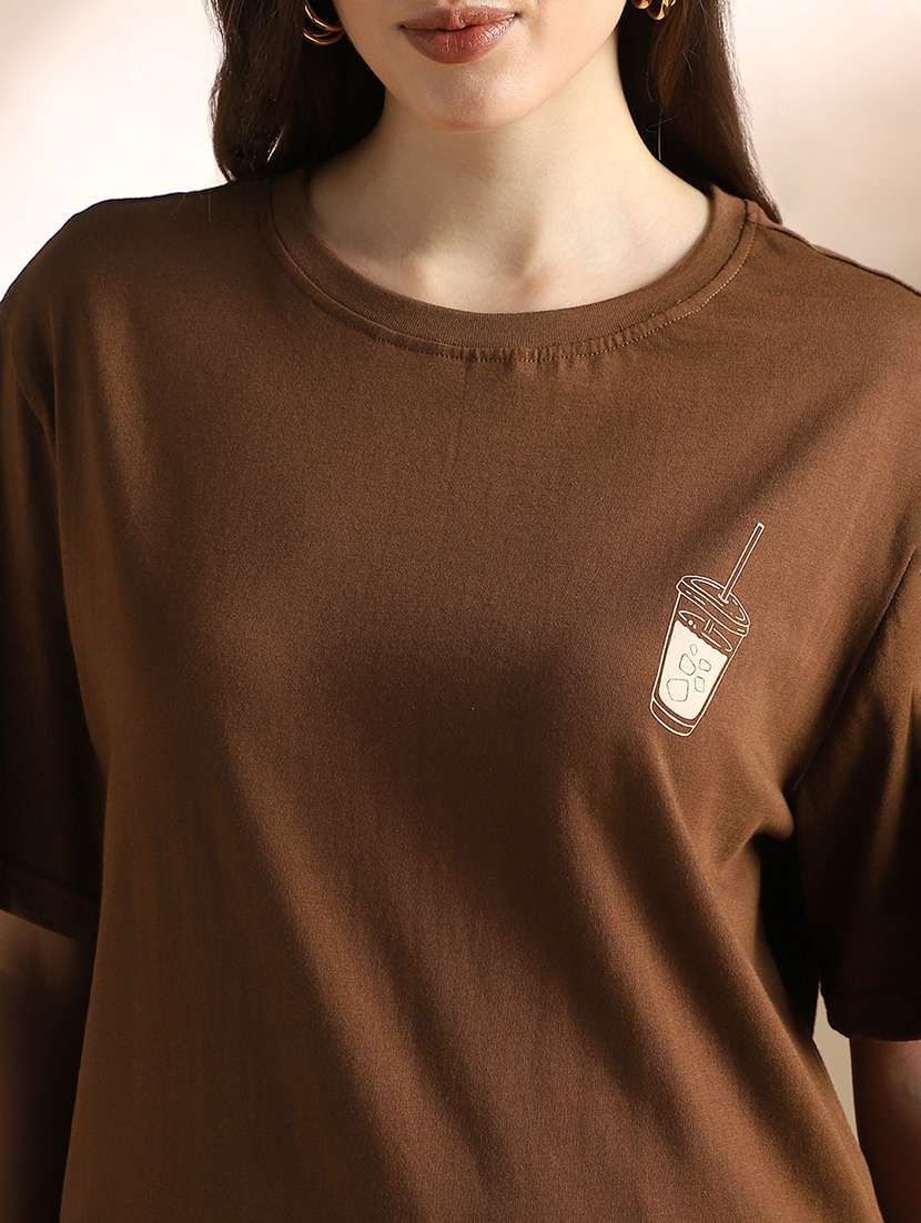 globus women brown round neck drop shoulder sleeves graphic back print oversized t-shirt - 22052978 -  Standard Image - 5