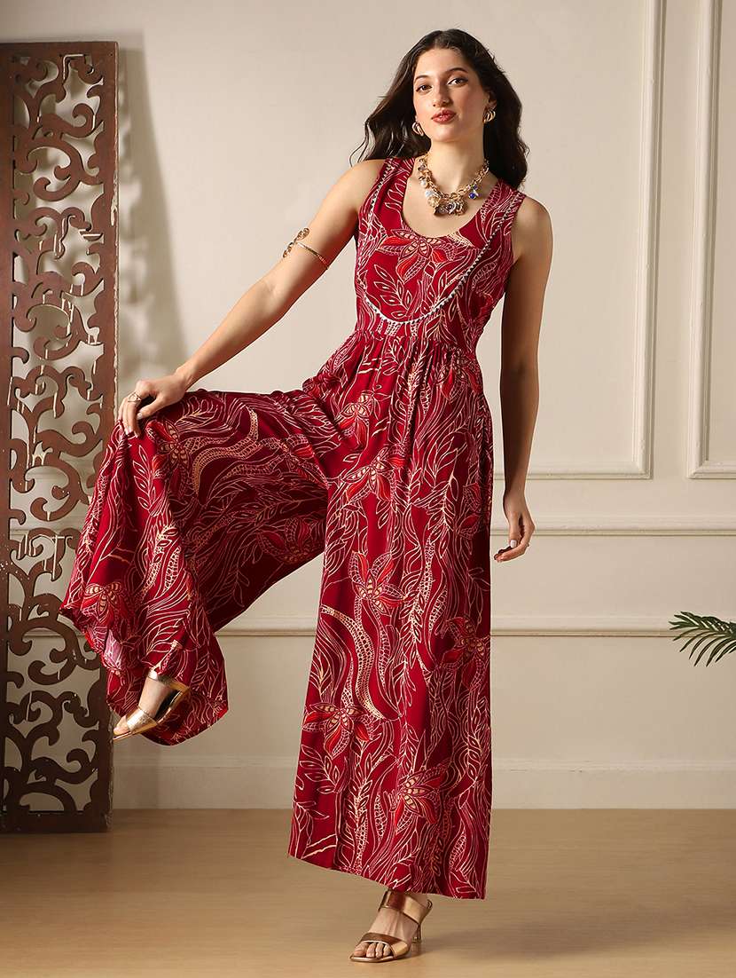 globus women maroon ethnic print round neck lace detail flared wide leg fusion jumpsuit