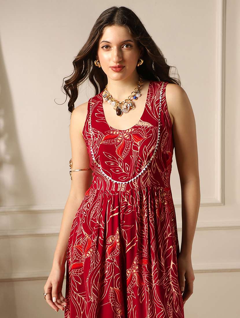 globus women maroon ethnic print round neck lace detail flared wide leg fusion jumpsuit - 22052985 -  Standard Image - 3