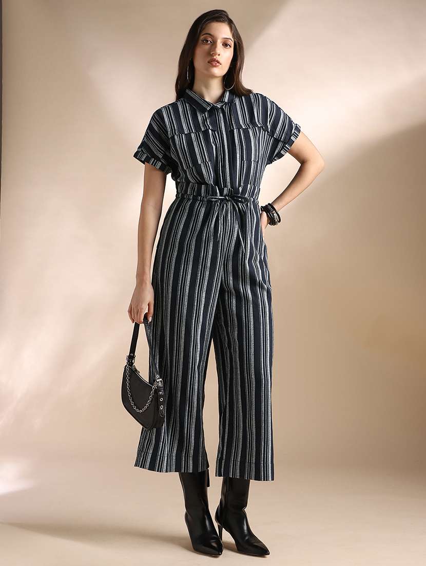 globus women navy blue striped extended sleeves collared neck waist tie-ups wide leg jumpsuit 