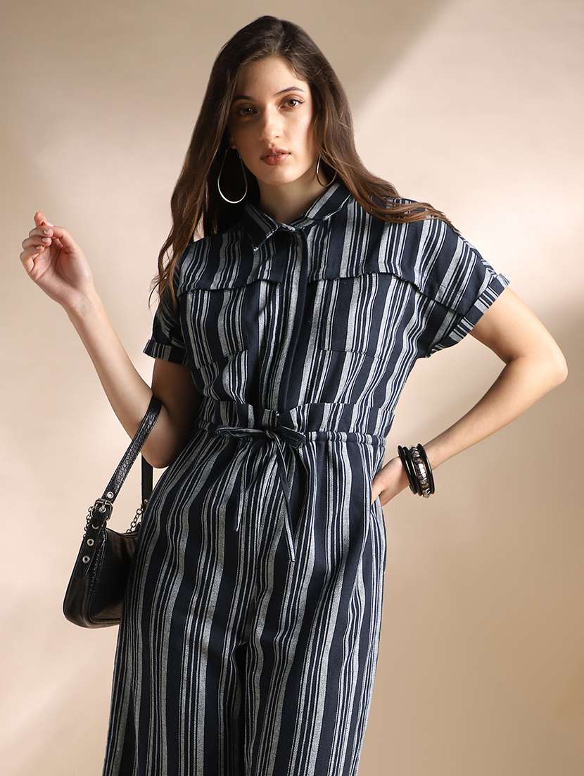 globus women navy blue striped extended sleeves collared neck waist tie-ups wide leg jumpsuit  - 22052986 -  Standard Image - 3