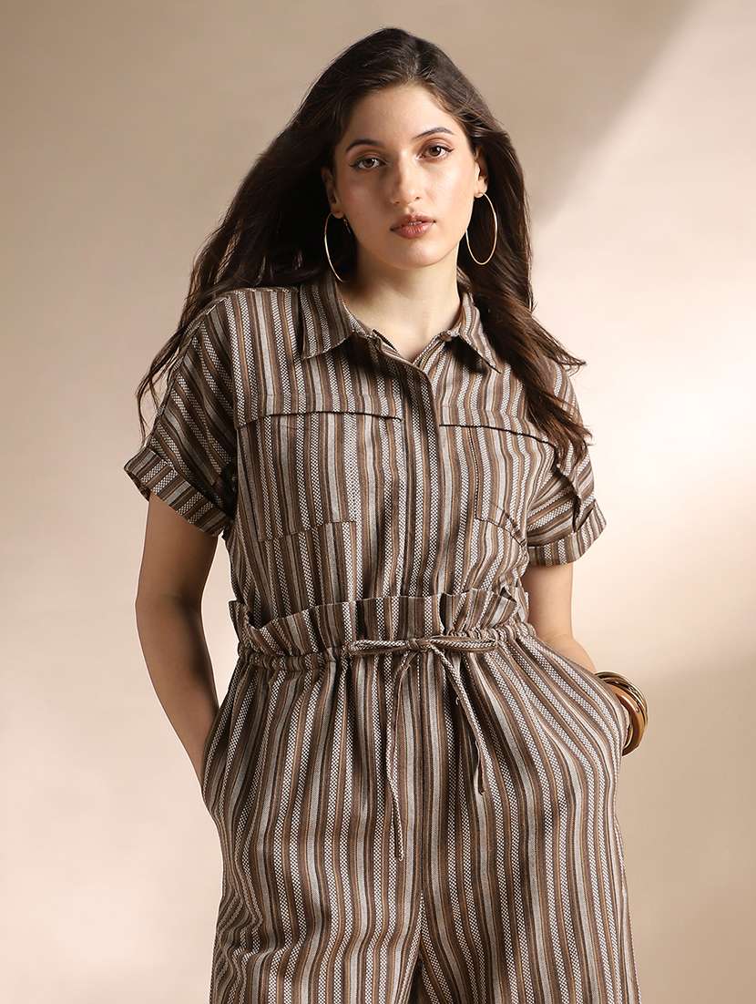 globus women brown striped extended sleeves collared neck waist tie-ups wide leg jumpsuit  - 22052987 -  Standard Image - 3