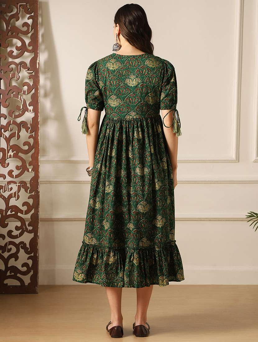 globus women green round neck puff sleeves ethnic print tie-ups detail tiered a-line midi dress - 22052992 -  Standard Image - 3
