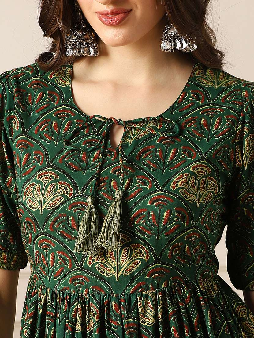 globus women green round neck puff sleeves ethnic print tie-ups detail tiered a-line midi dress - 22052992 -  Standard Image - 5