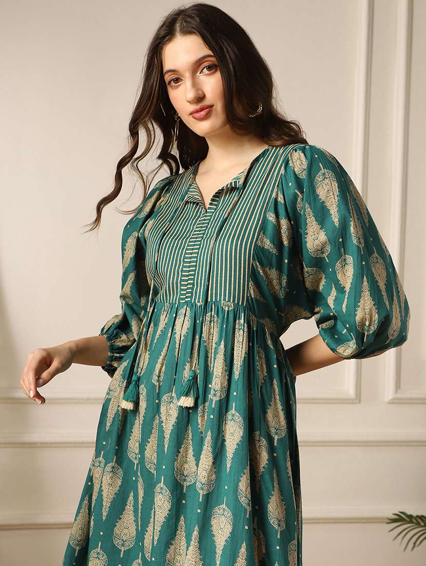 globus women teal ethnic print round tie-up neck bishop sleeves tiered flit & flared midi dress - 22052993 -  Standard Image - 3