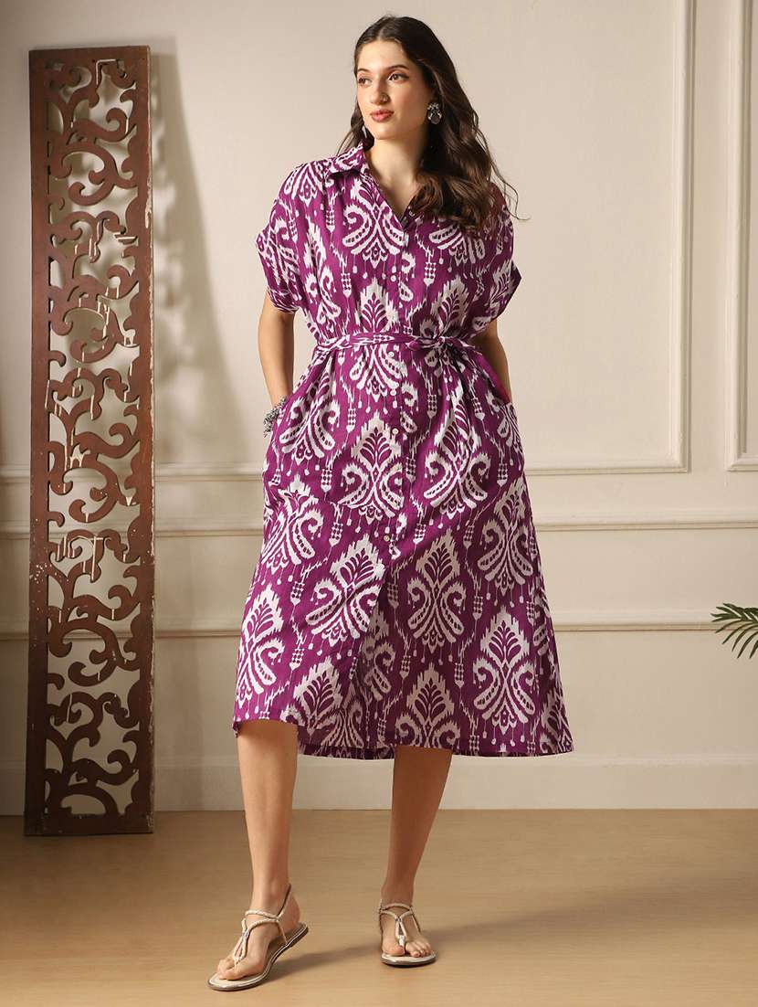 globus women purple ethnic print collared neck extended sleeves belted shirt style midi dress - 22052994 -  Zoom Image - 0