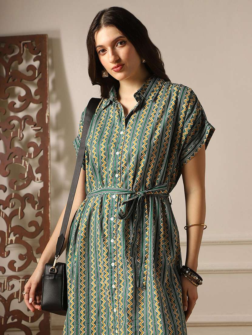 globus women green ethnic print collared neck extended sleeves belted shirt style midi dress - 22052995 -  Standard Image - 3