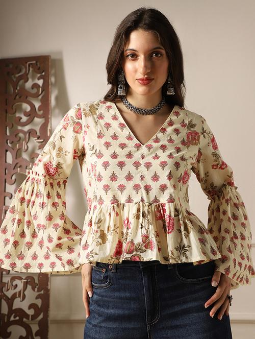 globus women off white v-neck bell sleeves floral print panelled peplum top - 22052998 - Standard Image - 0