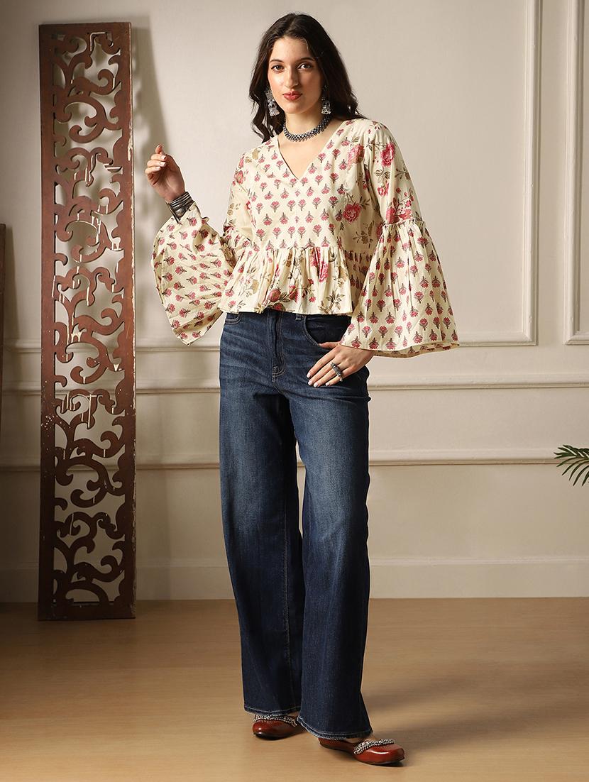 globus women off white v-neck bell sleeves floral print panelled peplum top - 22052998 - Standard Image - 3