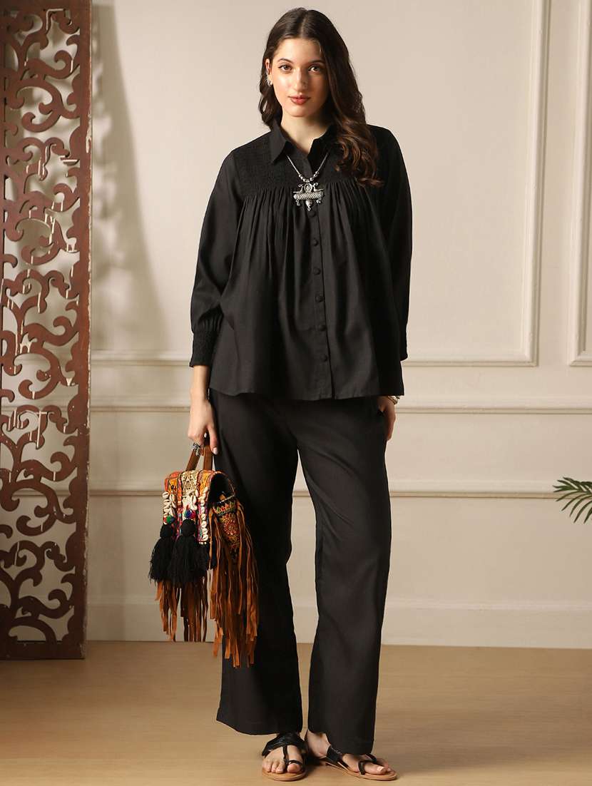 globus women black shirt collar bishop sleeve top & trousers co-ord set 